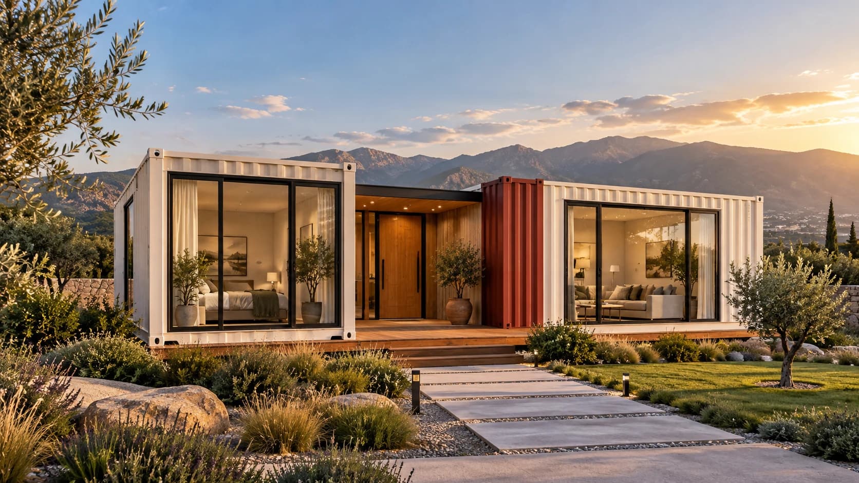Architectural concept of a modern container home with warm timber and full-height glazing