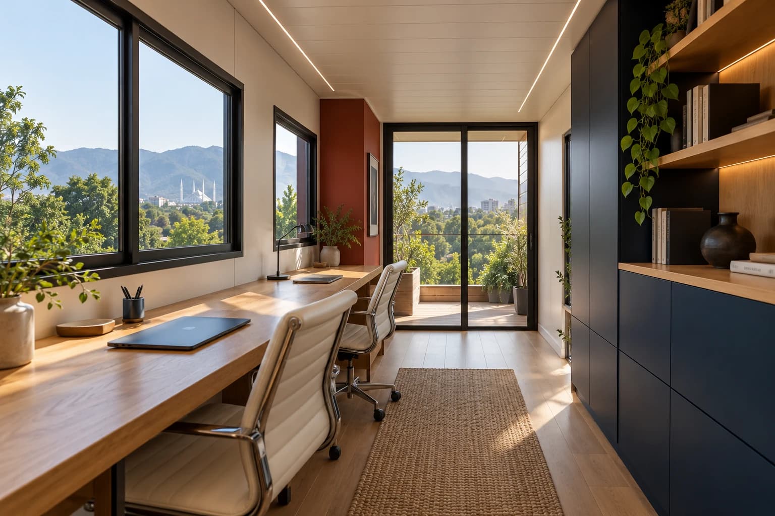 Concept interior of a refined modular office with timber finishes and natural light